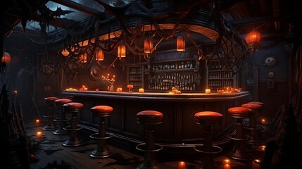 Generative AI Halloween bar dark interior design. No people. Intimidating pub decorations with red lighting.