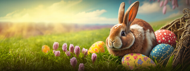 Easter bunny colorful eggs. Nature. Generative AI