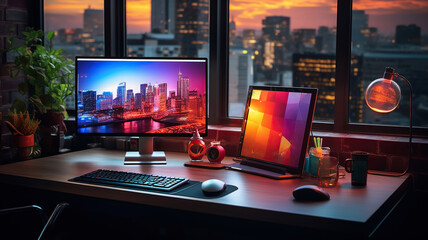 Colorful Workstation Harmony. Creating an Inspiring Office Setup. Generative Ai