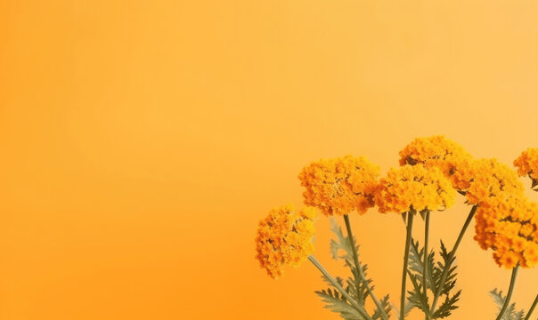 Orange achillea millefolium (also known as yarrow) flowers displayed on an orange background. Free copy space. Floral web banner. Mother's day, women's day, wedding concept. Spring themed wallpaper. 