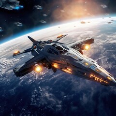 View of a futuristic fighter jet in a space,spaceship in space. Created with Generative Ai technology.