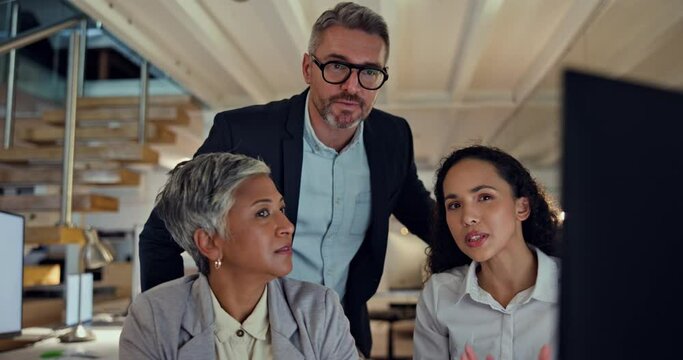 Planning, computer and business people in night office for news ideas, collaboration and teamwork with manager. Professional advice, article review and research proposal of journalist or group editor
