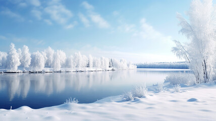 Snow-Covered Landscape with Icy Reflections. Generative Ai