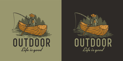 Outdoor wild camping and fishing print. Fisherman on boat. Mountains adventure. Wanderlust summer forest explore