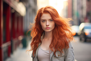 Close up of a redhead young woman with a city scene background. Generative AI
