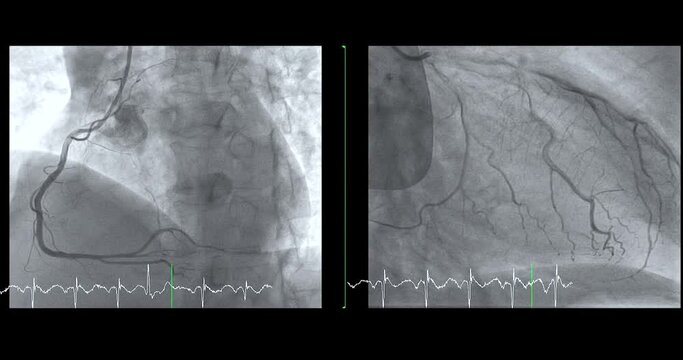 Cardiac catheterization showing coronary arteries  used to diagnose and treat some heart conditions such as myocardial infarction.