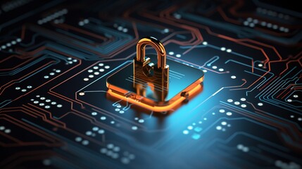Cybersecurity 3d Render with a Glowing Lock. Generative AI.