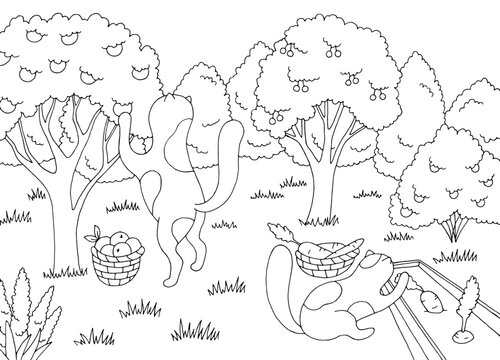 Cats are harvesting in garden graphic black white landscape sketch illustration vector