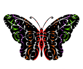 Beautiful symmetrical colourful gradient butterfly design with batik ethnic dayak pattern 