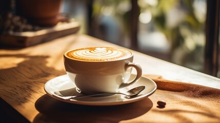 Cup of Coffee on a Wooden Table. Generative AI.