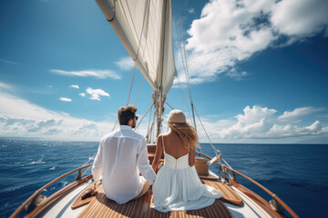 Romantic vacation, beautiful young couple relaxing on a luxury yacht in open sea - obrazy, fototapety, plakaty