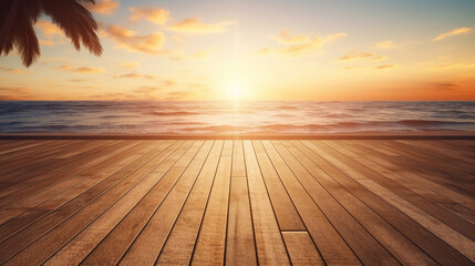 sea beach with wooden floor foreground on tropical sandy beach horizon. Generative AI - obrazy, fototapety, plakaty