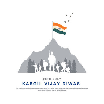 Kargil Vijay Diwas. People Remembering And Celebrating Victory Day Of Indian Army. Creative Vector Illustration.