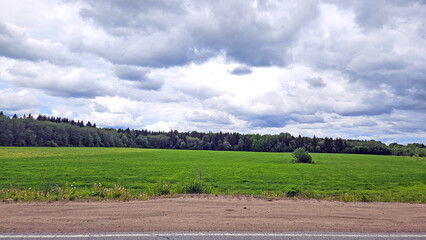 Cloudy gloomy sky with clouds, above the forest and grass lawn field. natural background	

