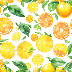 Orange seamless patterns of sliced fruit and leaves painted with watercolors.