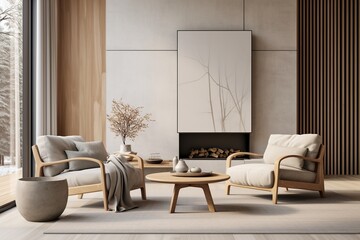 Modern Living Room with a Comfortable White Sofa and a White Picture on a Gray Wall. Generative AI.