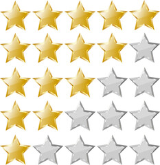 gold star award, 3d five rating gold stars 5 realistic golden metal badges with bright light effect, five stars rating icon, rate status level for app