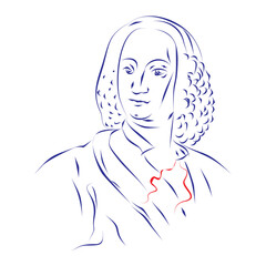 Continuous line drawing, portrait of composer Antonio Vivaldi. Hand drawn, vector illustration