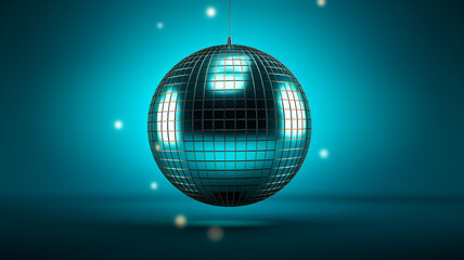 Obraz premium cyan türkis blaue Discokugel mit Lichtern und Lichteffekten. Querformat. Generative Ai.