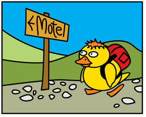 A little yellow duckling travels through the green hills