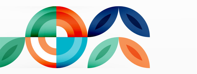 Fototapeta na wymiar Abstract background - minimalist circles and round elements composition with varying sizes circles and other geometric shapes. The elements are arranged symmetrically in a grid-like pattern