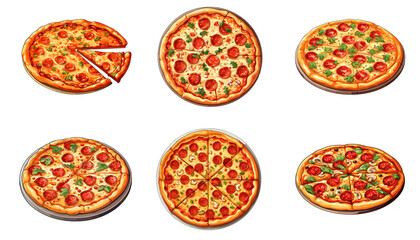 Hand Draw Pizza set with various ingredients in cartoon style. Whole and chopped pizza icon. Vector illustration EPS10 - obrazy, fototapety, plakaty