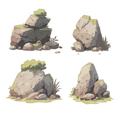 Set of Rocks and stones. Collection of vector stone. The stones and shrubs. Stones of various shapes. A huge block of stones. Stone shard