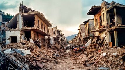 Fototapeta na wymiar Earthquake demolished building on city street, made with Generative AI