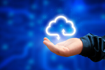 cloud in hand Cloud computing concept - connect devices to cloud. Businessman or information technologist with cloud computing icon