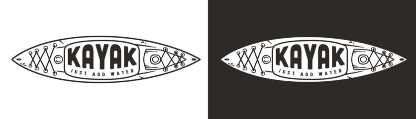 Kayaking sport print. Rafting on kayak on the river among the mountains