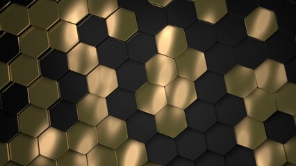 Golden hexagon cell tiling, luxury metal pattern. Gold metal scales honeycomb, hexagonal, abstract metallic background with highlights, 3d rendering illustration