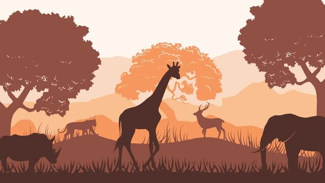 Animated Animals silhouettes are in the forest and there is a mountain in the background