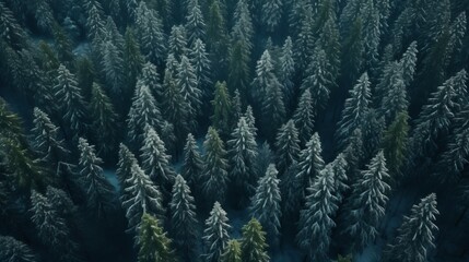 Obraz premium Generative AI. Coniferous forest in the snow, aerial view. Minimalistic nature reserve winter banner. Tops of firs and pines.