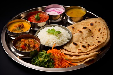 Delicious Gujarati Kathiyawadi Thali - The Authentic Indian Meal with A Variety of Dishes, Cheese, Bread and Dessert: Generative AI