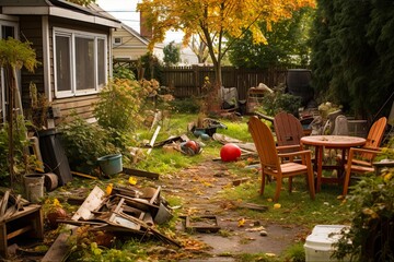 Dirty and Cluttered Backyard in Need of Landscaping: Overgrown Lawn and Abandoned Garden Design: Generative AI - obrazy, fototapety, plakaty