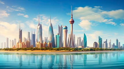 Discover the beauty of Kuwait City's skyline with its stunning skyscrapers and iconic architecture in 16:9 format: Generative AI