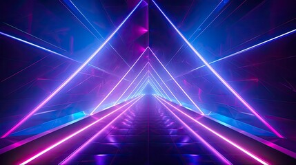 Neon Lines in Futuristic Corridor with Abstract Triangle Background - Colorful Laser Light and Geometric Design for Digital Technology, Modern Blue Spectrum - 3D Illustration. Generative AI