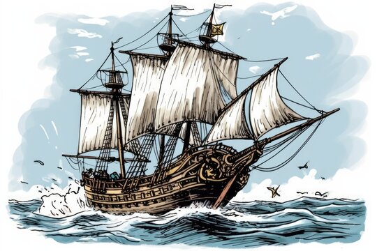 pirate ship sailing on the open sea. Generative AI