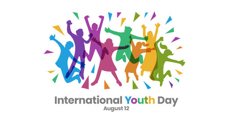 International Youth Day Banner With Young People Sillhouette Abstract Colorful Geometric Ornaments