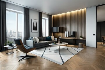 luxury studio apartment with a free layout in a loft style in dark colors. Stylish modern room area with wooden floor parquet