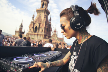Pretty young woman DJ wearing headphones and playing music at the summer music festival