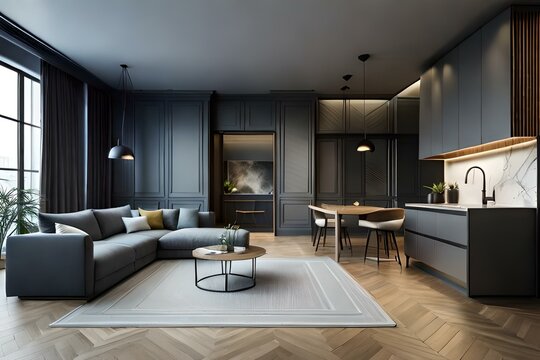 luxury studio apartment with a free layout in a loft style in dark colors. Stylish modern room area with wooden floor parquet and 3d panel wall. 3d render