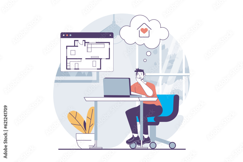 Wall mural real estate concept with people scene in flat design for web. man architect creating blueprint of ap