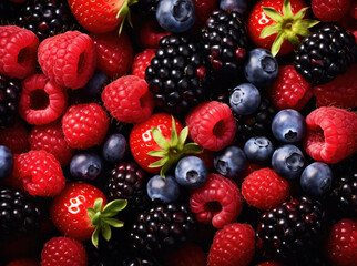 Colorful berries background of strawberries, raspberries, blueberries, currants