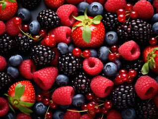 Colorful berries background of strawberries, raspberries, blueberries, currants