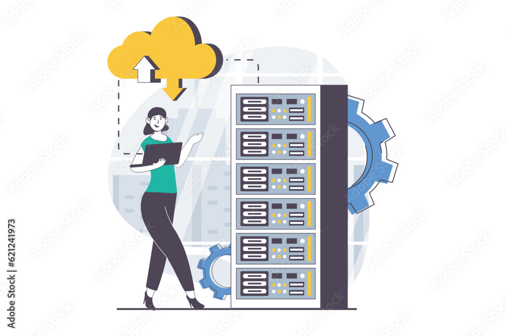 Poster saas concept with people scene in flat design for web. woman working as admin in server room, sync a