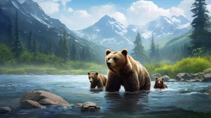 Fototapeten Generative AI. A brown bear with cubs came to a clear mountain river to hunt and catch some fish. A predatory animal near the water teaches children to get food. © Nikolai