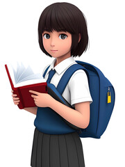 Schoolgirl With Backpack And Holding Book Isolated On Transparent Background, PNG File Add