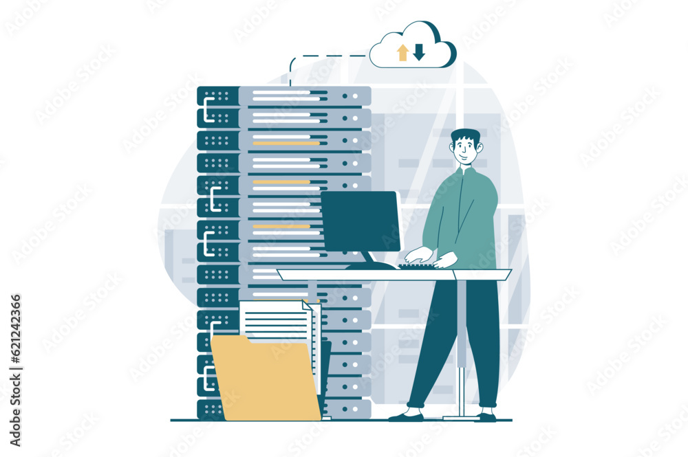Fototapete server maintenance concept with people scene in flat design for web. man monitoring and settings on 