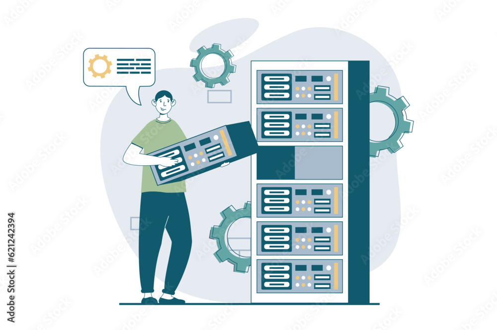 Leinwandbilder Server maintenance concept with people scene in flat design for web. Man troubleshooting and fixing equipment in hardware rack room. Vector illustration for social media banner, marketing material.